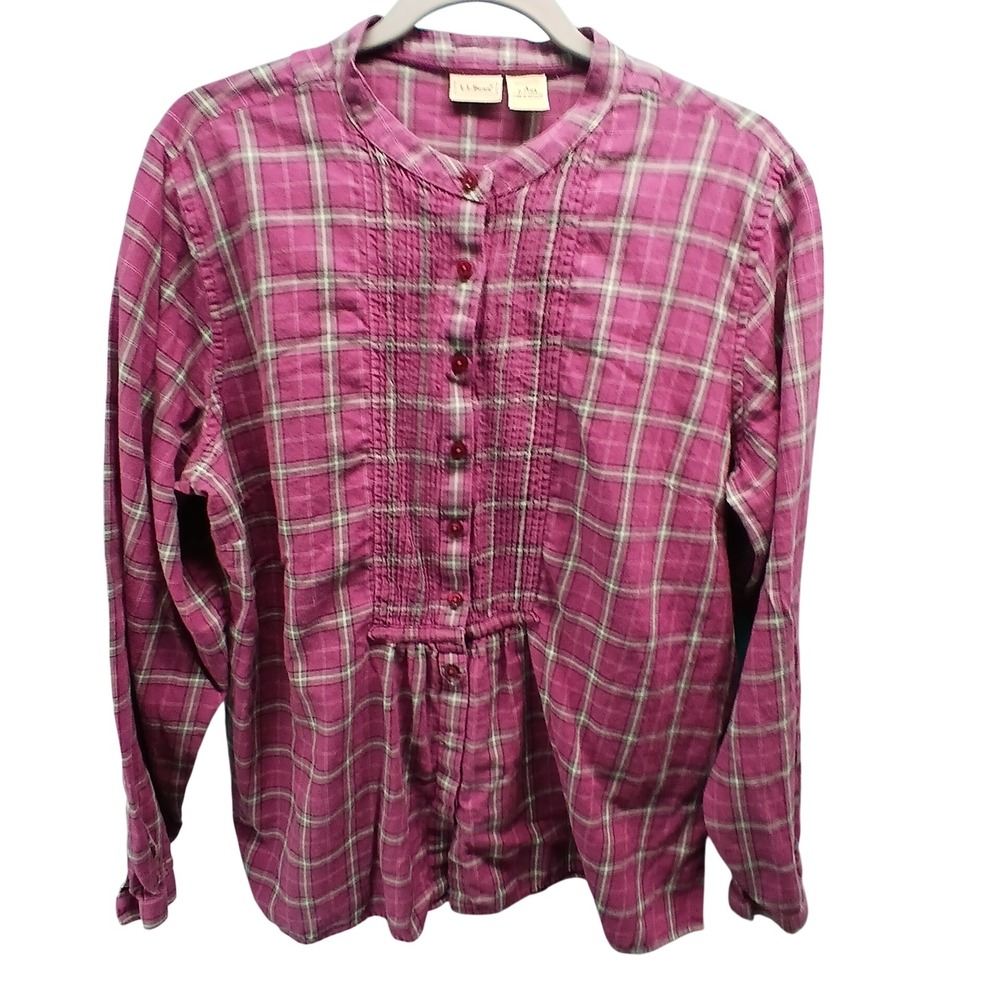 LL Bean Plaid Flannel Shirt Large Magenta Purple Band Collar Pleated Bib X895